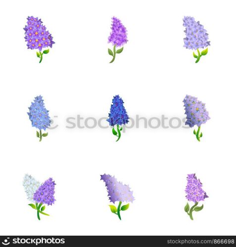 Lilac icon set. Cartoon set of 9 lilac vector icons for web design isolated on white background. Lilac icon set, cartoon style