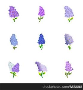 Lilac icon set. Cartoon set of 9 lilac vector icons for web design isolated on white background. Lilac icon set, cartoon style