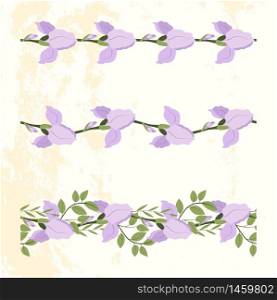 Lilac iris seamless border for print design. Vintage floral card. Elegant ornament art. Vector template composition.. Lilac iris seamless border for print design.
