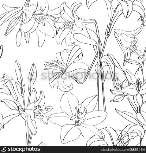 Lilies pattern with superposed flowers, hand drawn doodles over white