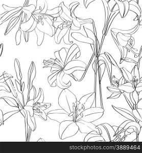 Lilies pattern with superposed flowers, hand drawn doodles over white
