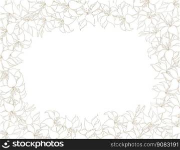 Lilly flower on white background vector. Elegant line art lily, flowers and leaves hand drawn. Cute blossom frame design for wedding, invitation. Lilly frame line art boarder for wedding invitation or card