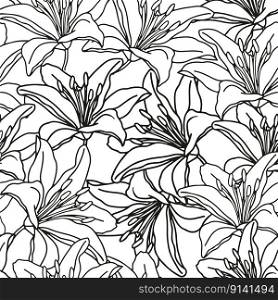 Lily flower hand drawn seamless pattern for textile or wallpaper. Vector background. Lily flower hand drawn seamless pattern for textile or wallpaper. Black and white