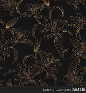 Lily flower seamless pattern on black background, Luxury gold lily floral vector illustration