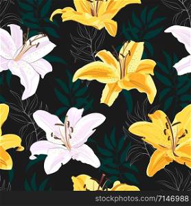 Lily flower seamless pattern on black background, White and yellow lily floral vector illustration