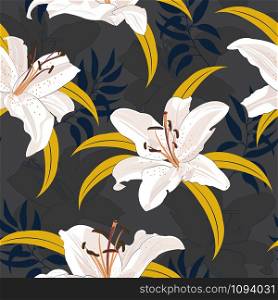 Lily flower seamless pattern on black background, White lily floral vector illustration