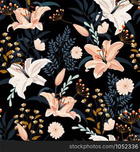 Lily flower seamless pattern on black background with floral, White lily floral vector illustration