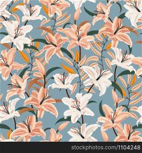 Lily flower seamless pattern on blue background, White and Pink lily floral vector illustration