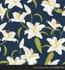 Lily flower seamless pattern on blue background, white lily floral vector illustration