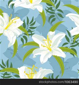 Lily flower seamless pattern on blue background, White lily floral vector illustration