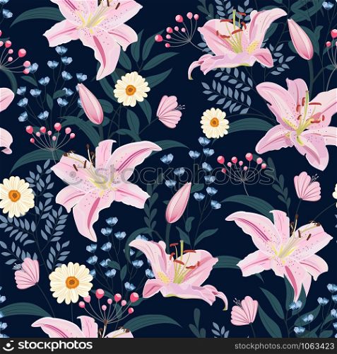 Lily flower seamless pattern on blue background with floral, Pink lily floral vector illustration
