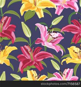 Lily flower seamless pattern on blue background, Yellow, Red and Pink lily floral vector illustration