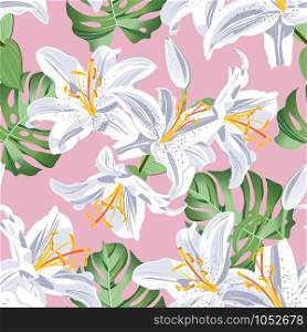 Lily flower seamless pattern on green background, Pink and Red lily floral vector illustration