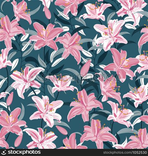Lily flower seamless pattern on green background, Pink and White lily floral vector illustration