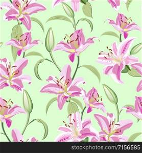 Lily flower seamless pattern on green background, Pink lily floral vector illustration