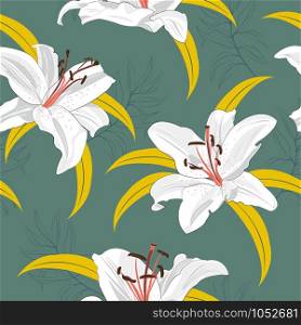 Lily flower seamless pattern on green background, White lily floral vector illustration