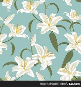 Lily flower seamless pattern on green background, white lily floral vector illustration