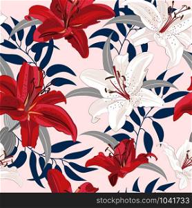 Lily flower seamless pattern on pink background, Red and White lily floral vector illustration