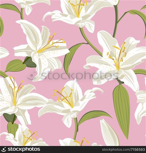 Lily flower seamless pattern on pink background, White lily floral vector illustration