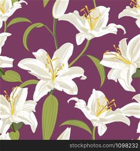 Lily flower seamless pattern on purple background, White lily floral vector illustration