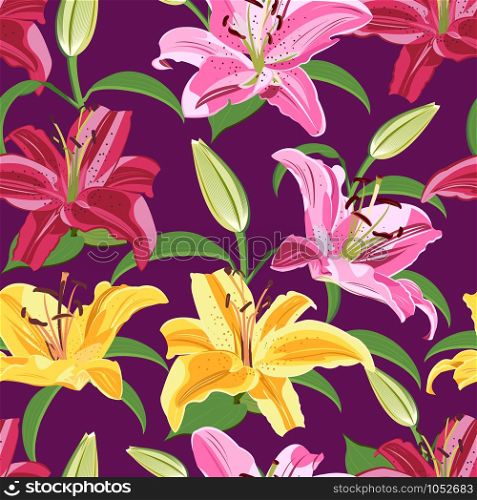 Lily flower seamless pattern on purple background, Yellow and Pink lily floral vector illustration