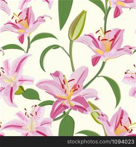 Lily flower seamless pattern on white background, Pink lily floral vector illustration