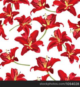 Lily flower seamless pattern on white background, Red lily floral vector illustration