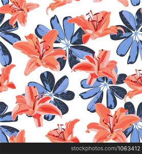 Lily flower seamless pattern on white background with blue leaves, Orange lily floral vector illustration