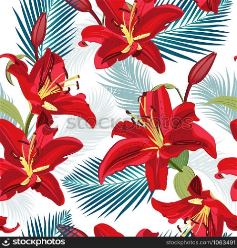 Lily flower seamless pattern on white background with palm leaves, Red lily floral vector illustration