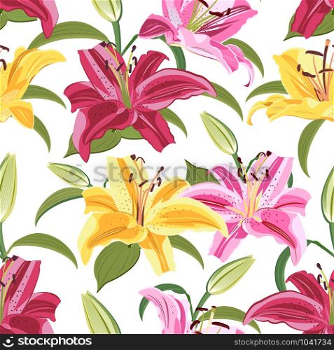 Lily flower seamless pattern on white background, Yellow, Red and Pink lily floral vector illustration