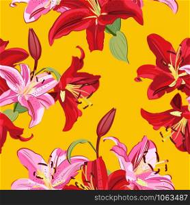 Lily flower seamless pattern on yellow background, Pink and Red lily floral vector illustration