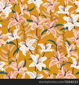 Lily flower seamless pattern on yellow background, White and Pink lily floral vector illustration