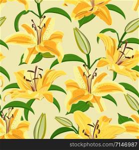 Lily flower seamless pattern on yellow background, Yellow lily floral vector illustration