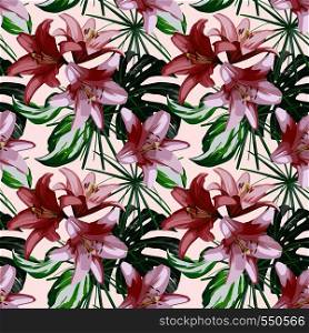 Lily flowers and green tropical leaves seamless design on the white background.
