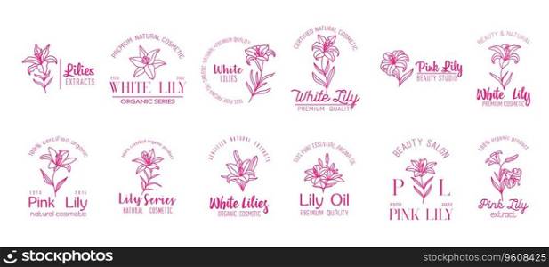 Lily flowers minimal icons for oil, natural cosmetics and beauty, vector floral symbols. White lily flowers withπnk petal blossoms for beauty salon, lily extract essential oil and skincare cream. Lily flowers minimal icons, oil, natural cosmetics