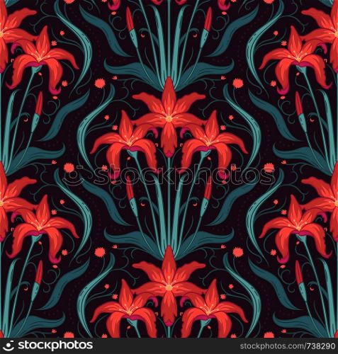 Lily flowers ornamental seamless pattern with floral elements. Texture for wallpapers, fabric, wrap, web page backgrounds, vector illustration