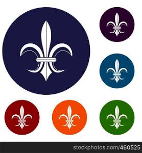 Lily heraldic emblem icons set in flat circle reb, blue and green color for web. Lily heraldic emblem icons set