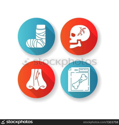 Limb and body injuries flat design long shadow glyph icons set. Broken foot. Cranial bone, nose break. Hurt skull. Nasal fracture. X-ray, MRI scan. Healthcare. Silhouette RGB color illustration