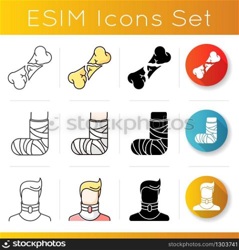 Limb and body injuries icons set. Broken foot. Bone fracture. Broken neck. Cervical collar. Linear, black and RGB color styles. Linear black and RGB color styles. Isolated vector illustrationss