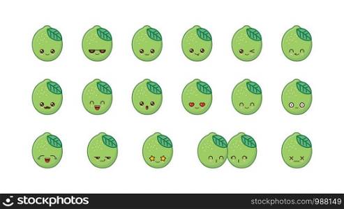 Lime cute kawaii mascot. Set kawaii food faces expressions smile emoticons.