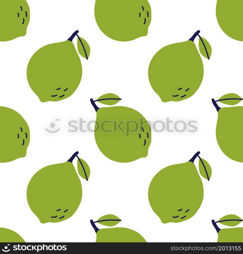 Lime fruit with leaf. Seamless pattern. Hand drawn vector illustration. Green exotic food.