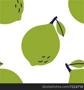Lime fruit with leaf. Seamless pattern. Hand drawn vector illustration. Green exotic food.