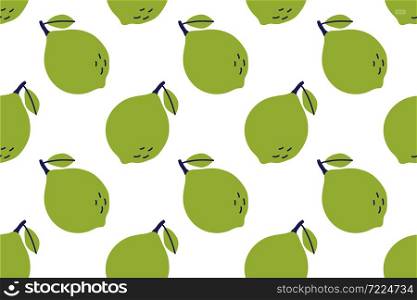 Lime fruit with leaf. Seamless pattern. Hand drawn vector illustration. Green exotic food.