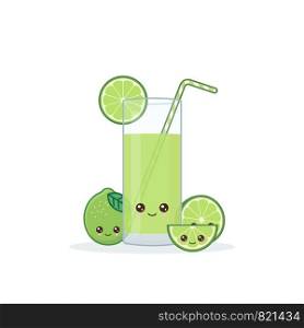 lime juice. Cute kawai smiling cartoon juice with slices in a glass with juice straw.