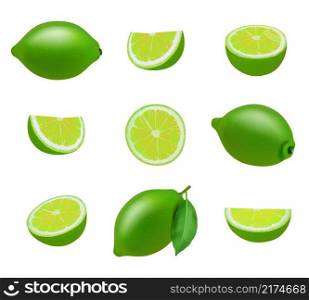 Lime. Realistic fresh sliced fruits with leaves decent vector limes collection. Illustration fruit lime, citrus food nutrition, ingredient design fresh. Lime. Realistic fresh sliced fruits with leaves decent vector limes collection