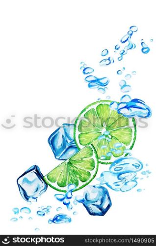 Lime slices falling in the water with bubbles and ice cubes, hand drawn vector watercolor illustration