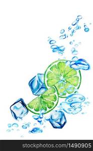Lime slices falling in the water with bubbles and ice cubes, hand drawn vector watercolor illustration