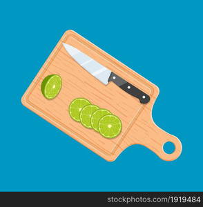 Lime slices on kitchen cutting board and kitchen knife. Food ingredients, cooking, food preparation concept. Wooden chopping board, kitchen tools, half a lime. vector illustration in flat design. Lime slices on kitchen cutting board