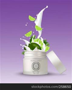Lime splashing cosmetics. Yoghurt splash isolated illustrations on a white background. Packaging with natural cosmetics: bottle, tube, container. Vector.