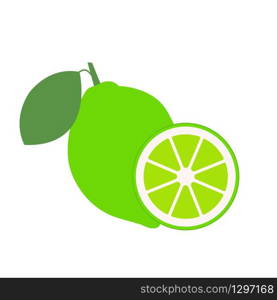 Lime with green leaves, slice citrus isolated on white background. Vector stock illustration. - Vector illustration. Lime with green leaves, slice citrus isolated on white background. Vector stock illustration. - Vector